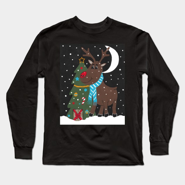 CHRISTMAS Reindeer Merry Christmas Acrylic Painting Long Sleeve T-Shirt by SartorisArt1